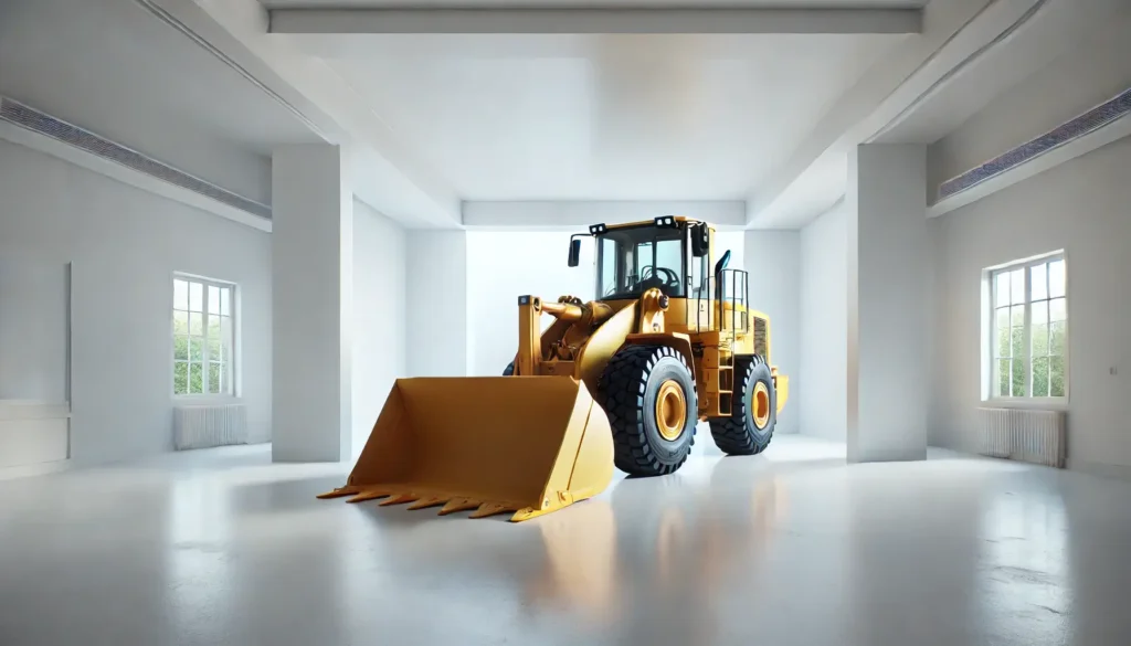 A front end loader construction vehicle inside of a business office. How much does it cost to start a construction company?