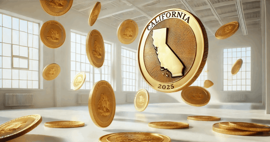 Gold coins representing California minimum wage 2025