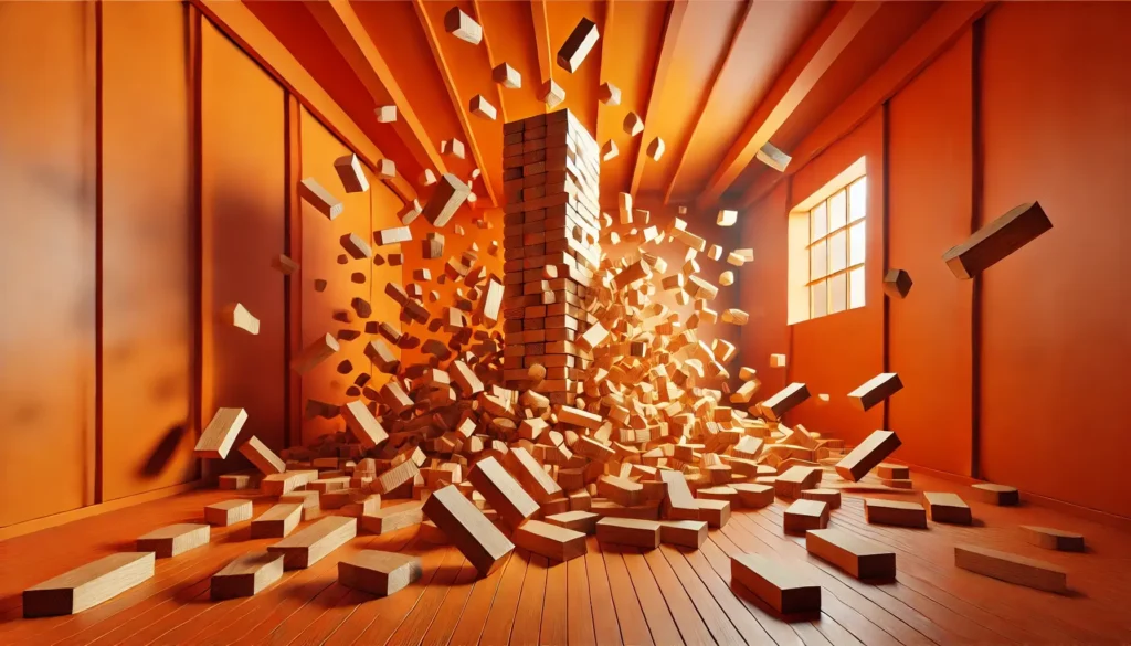 Large blocks toppling over representing the blocking of overtime rules.