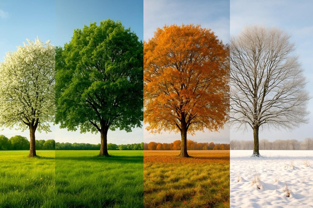 A tree in all four seasons representing seasonal staffing solutions