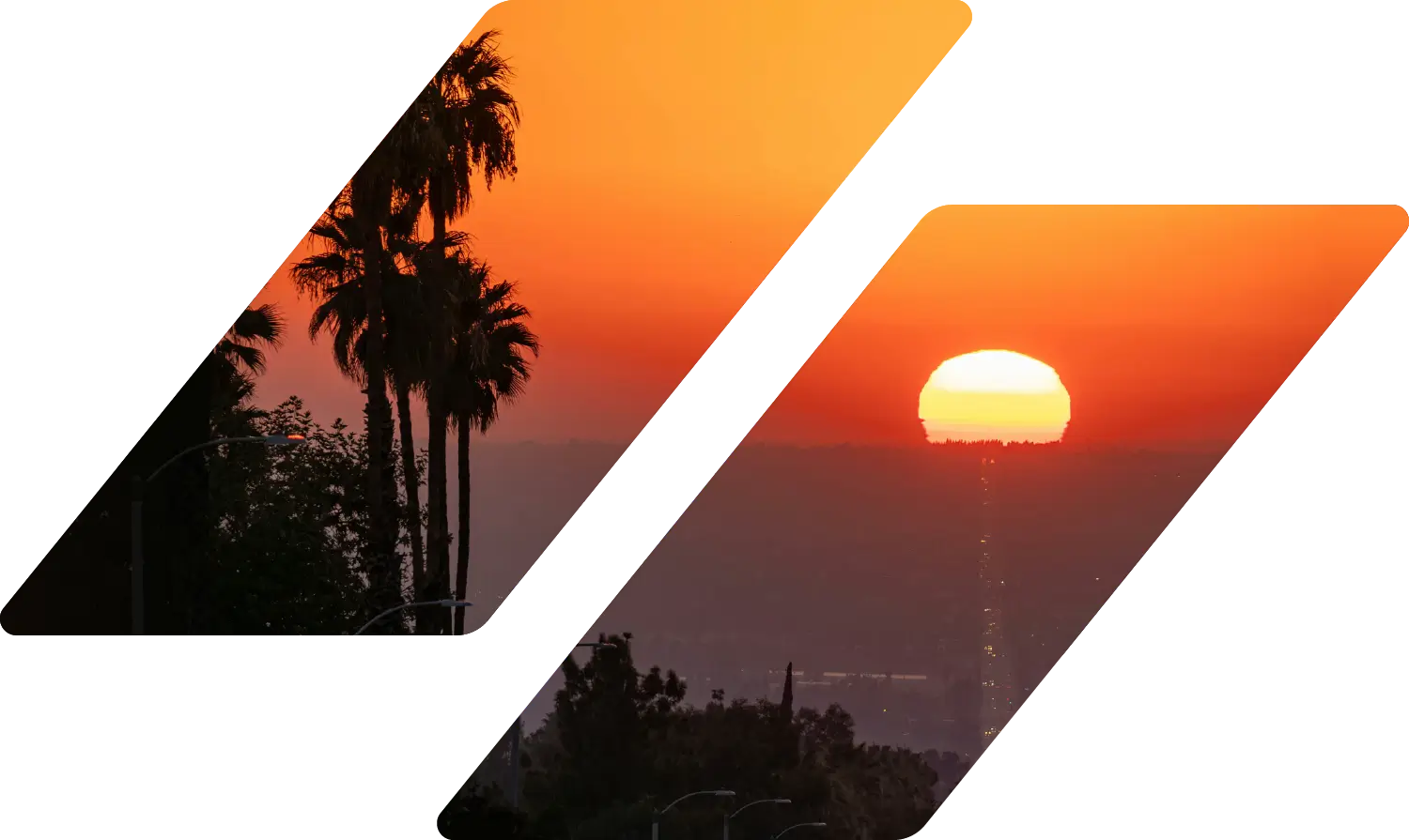 The sun setting over palm trees in Highland, CA, a city in the Inland Empire.