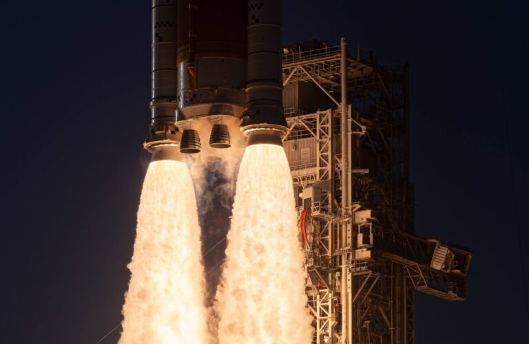 A close up of the rocket boosters on the Artemis II launch representing Amtec's aerospace defense workforce report